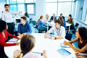 Aula universitaria moderna e luminosa con diversi piccoli gruppi di studenti di medicina (circa 4-5 per gruppo) seduti attorno a tavoli rotondi, impegnati attivamente in una discussione collaborativa durante una sessione di Team Based Learning. Alcuni indicano schermi di tablet, altri scrivono su fogli. Un docente si muove tra i gruppi osservando e interagendo. Fotografia grandangolare 24mm, messa a fuoco nitida su tutta la scena, luce naturale abbondante, atmosfera dinamica e positiva di apprendimento attivo.