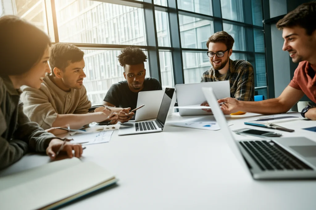Gruppo diversificato di studenti universitari che discutono animatamente attorno a un tavolo rotondo in una biblioteca moderna e luminosa, scambiandosi fogli con appunti e indicando schermi di laptop. Obiettivo 24mm wide-angle, luce ambientale morbida proveniente da grandi finestre, espressioni concentrate ma collaborative, alcuni sorridono leggermente. Sharp focus sui volti e sui materiali di studio.