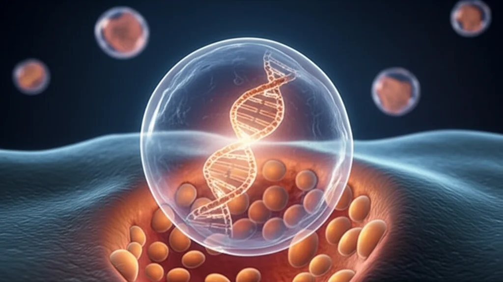 Immagine concettuale fotorealistica: una singola cellula trasparente al centro, al cui interno è visibile una doppia elica di DNA luminosa. La cellula è circondata da un ambiente tissutale stilizzato e multi-strato, con colori e texture diverse che sfumano l'una nell'altra, rappresentando diversi microambienti (es. muscolo, grasso, fegato). La luce proveniente dall'ambiente esterno sembra influenzare l'attività del DNA all'interno della cellula. Profondità di campo, illuminazione suggestiva, dettagli elevati, obiettivo 35mm.