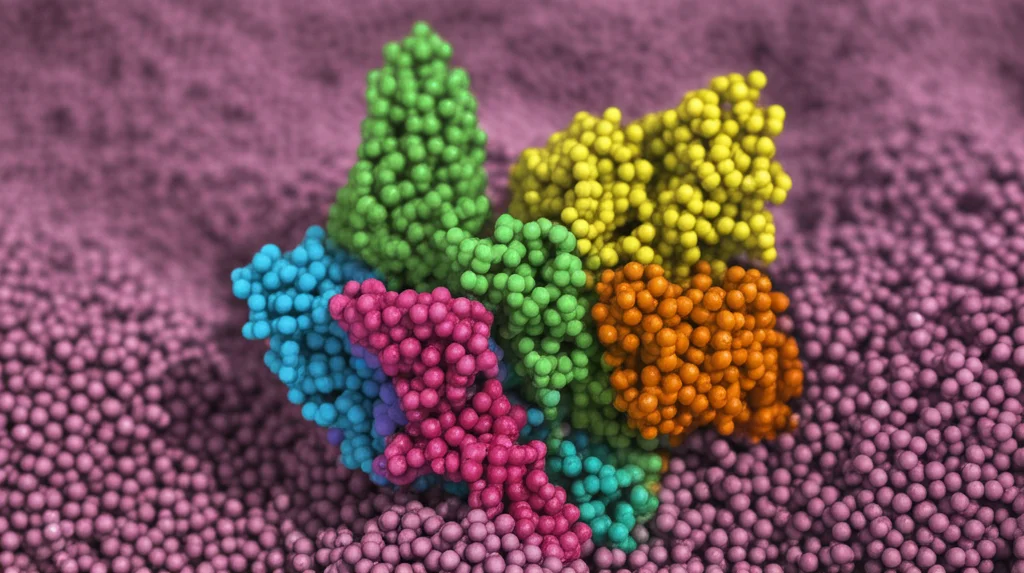 Immagine fotorealistica del canale al sodio cardiaco NaV1.5 inserito in una membrana cellulare lipidica. Obiettivo prime 35mm, con profondità di campo che sfoca leggermente lo sfondo acquoso per mettere a fuoco la struttura proteica tridimensionale. Particolare enfasi visiva sul dominio C-terminale (CTD) citosolico, evidenziato con colori distinti mentre forma un complesso con il motivo IQ, anch'esso parte della regione C-terminale. Illuminazione drammatica stile film noir per sottolineare la complessità molecolare.