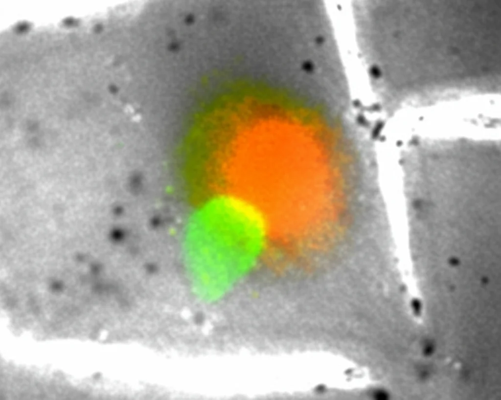 Microscopia a fluorescenza ad alta risoluzione che mostra la fusione tra una cellula di glioma (verde brillante, GFP) e una cellula staminale mesenchimale associata al glioma (rosso brillante, mCherry) all'interno di un tessuto cerebrale stilizzato, evidenziando la formazione di una cellula ibrida giallo/arancione. Illuminazione controllata, obiettivo macro 100mm, alta definizione, focus preciso sulla cellula ibrida.
