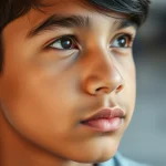 Primo piano del volto di un adolescente ispanico che guarda pensieroso fuori campo, simboleggiando la riflessione interiore e la metacognizione. Fotografia ritratto con obiettivo 50mm prime, luce laterale morbida che crea un leggero contrasto, sfondo sfocato (bokeh), colori naturali.