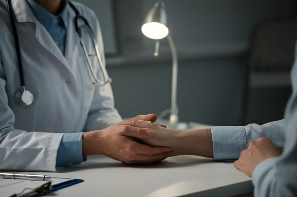 Primo piano sulle mani giunte di un medico e di un paziente (o familiare) durante una conversazione difficile in uno studio medico. L'illuminazione è soffusa e calda, proveniente da una lampada da tavolo fuori campo, creando un'atmosfera intima ed empatica. Obiettivo prime 50mm, profondità di campo ridotta per focalizzare sulle mani e sfocare leggermente lo sfondo, toni caldi e leggermente desaturati per sottolineare l'emozione contenuta.
