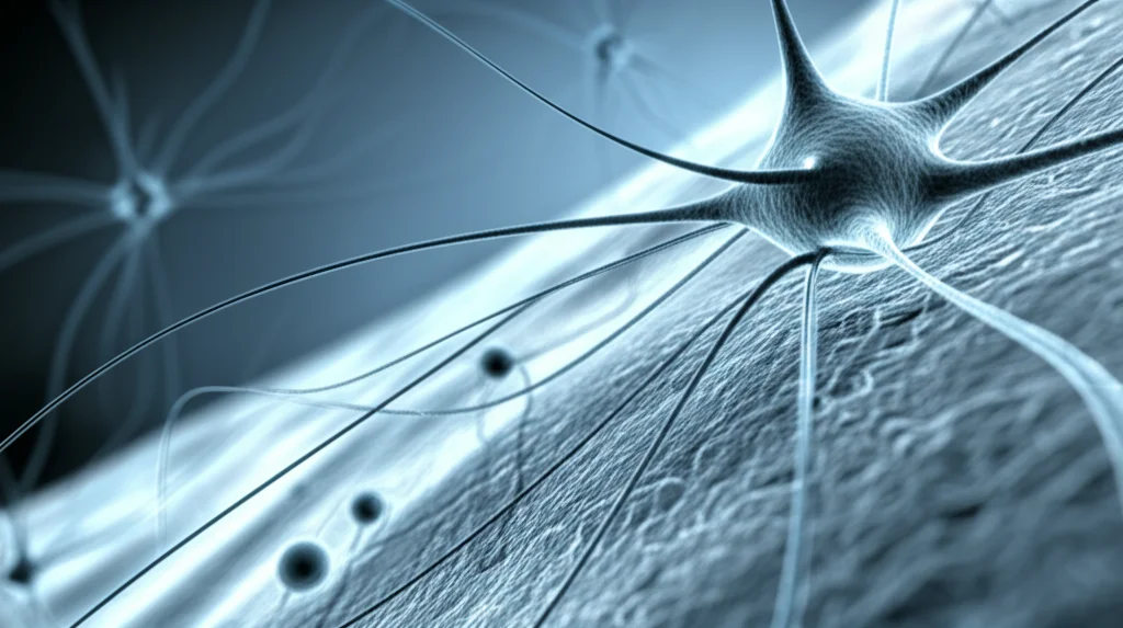 Visualizzazione concettuale del collegamento tra cervello e intestino (asse intestino-cervello), con neuroni stilizzati che si connettono a una rappresentazione del microbioma intestinale, obiettivo 35mm, profondità di campo, toni blu e grigi duotone.
