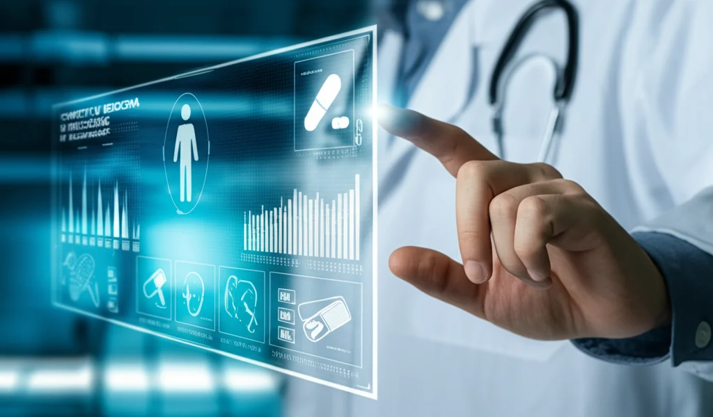 Concetto di medicina di precisione: una mano che regola un grafico digitale della dose di farmaco personalizzata per un paziente oncologico. Tecnologia futuristica, sfondo medico sfocato. Obiettivo prime 50mm, profondità di campo.