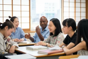 Fotografia realistica di un gruppo multietnico di studenti adulti (brasiliani, cinesi, vietnamiti, filippini) in una classe di lingua giapponese ad Aichi, Giappone. Interagiscono positivamente durante una pausa, alcuni sorridono, altri conversano. Luce naturale che entra da una finestra, obiettivo 35mm, profondità di campo per mettere a fuoco i volti e le interazioni, stile documentaristico.