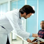 Fotografia simbolica, un ponte linguistico parzialmente costruito tra un operatore sanitario e un paziente migrante in un ambiente ospedaliero luminoso ma impersonale. Obiettivo grandangolare 24mm, messa a fuoco nitida su entrambi i soggetti, luce morbida.