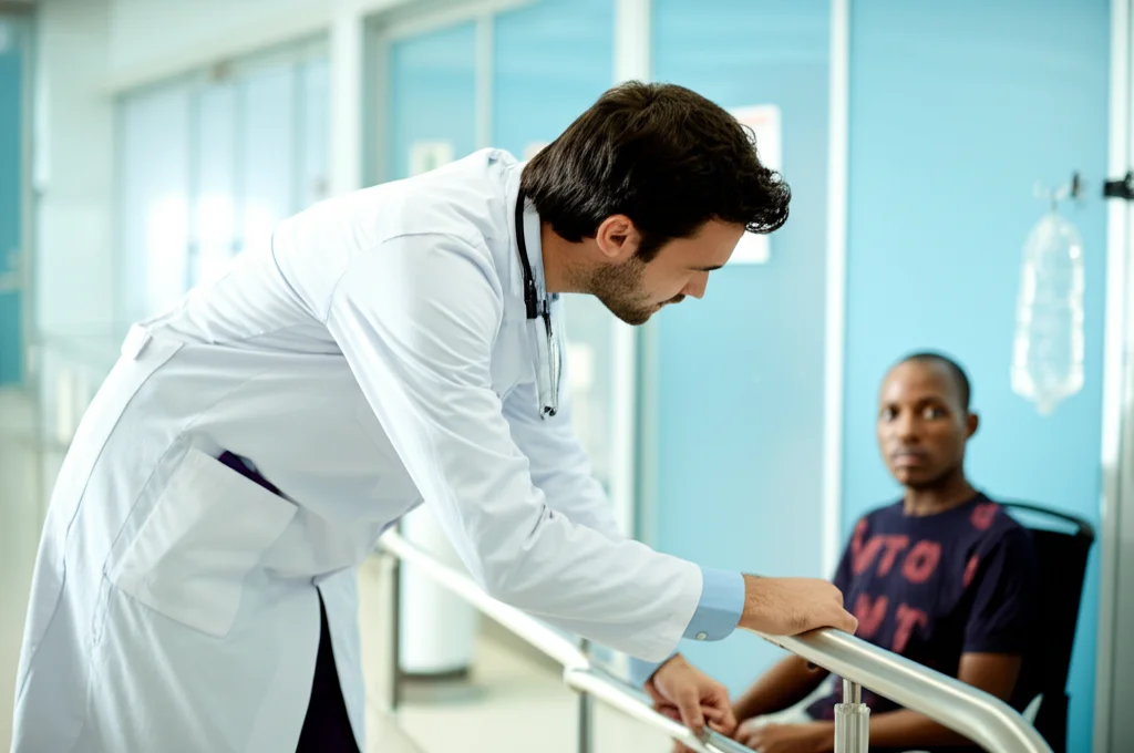 Fotografia simbolica, un ponte linguistico parzialmente costruito tra un operatore sanitario e un paziente migrante in un ambiente ospedaliero luminoso ma impersonale. Obiettivo grandangolare 24mm, messa a fuoco nitida su entrambi i soggetti, luce morbida.