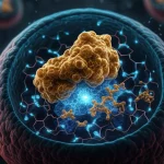 Illustrazione fotorealistica concettuale di una cellula di lievito (Saccharomyces cerevisiae) ingegnerizzata come una micro-fabbrica biologica. All'interno della cellula, percorsi metabolici stilizzati brillano come circuiti elettronici interconnessi. Scintille blu rappresentano gli elettroni che fluiscono in modo efficiente lungo questi percorsi, convergendo verso modelli proteici 3D di enzimi chiave (DHCR7 e P450scc) evidenziati. Questi enzimi stanno trasformando precursori in molecole di steroidi (colesterolo e pregnenolone), rappresentate come strutture molecolari dorate che si accumulano. Lo sfondo è scuro e leggermente sfocato per enfatizzare la complessità e la luminescenza interna della cellula-fabbrica. Obiettivo grandangolare 24mm per una visione d'insieme suggestiva.