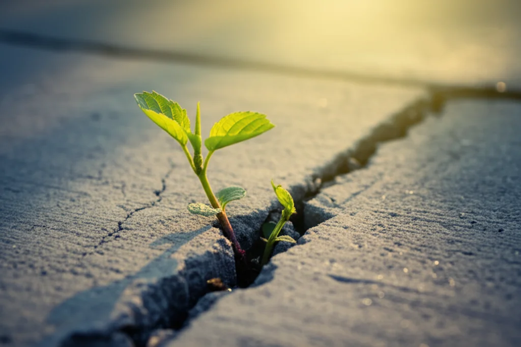 Immagine concettuale della resilienza psicologica: una pianta verde brillante che cresce vigorosamente attraverso una crepa nel cemento grigio, illuminata da un caldo raggio di sole. Macro lens 60mm, alta definizione, illuminazione drammatica controllata, focus preciso sulla pianta che simboleggia speranza e superamento delle avversità.