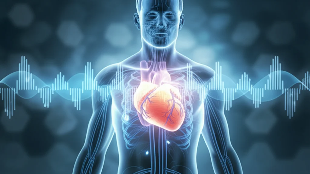 Immagine concettuale di un cuore umano stilizzato con onde sonore che rappresentano il respiro profondo e nervi luminosi che simboleggiano il sistema autonomo, su uno sfondo medico sfocato. Obiettivo prime 35mm, profondità di campo, toni blu e grigi.