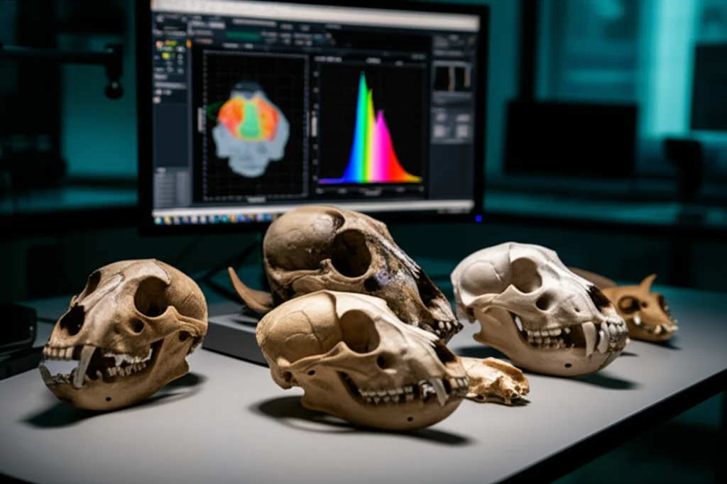 Immagine fotorealistica di diversi teschi di mammiferi, da antichi a moderni, disposti su un tavolo da laboratorio accanto a uno schermo che mostra analisi 3D complesse, obiettivo prime 35mm, profondità di campo ridotta, illuminazione drammatica da laboratorio.
