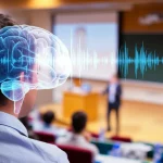 Immagine fotorealistica di un'aula universitaria vista dalla prospettiva di uno studente seduto tra il pubblico. Sul palco, uno speaker carismatico gesticola durante un discorso. In primo piano, la testa di profilo dello studente con sovrapposte delle onde cerebrali luminose e stilizzate che si collegano idealmente allo speaker. Obiettivo zoom 24-70mm, profondità di campo che mantiene a fuoco sia lo studente in primo piano che lo speaker, illuminazione mista tra quella ambientale dell'aula e quella più calda del palco.