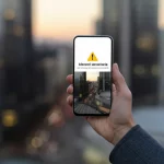 Mani che tengono uno smartphone, lo schermo mostra un'allerta sanitaria ufficiale da un account governativo sui social media, sfondo leggermente sfocato di una città moderna al crepuscolo, obiettivo prime 35mm, profondità di campo, illuminazione realistica e leggermente drammatica.