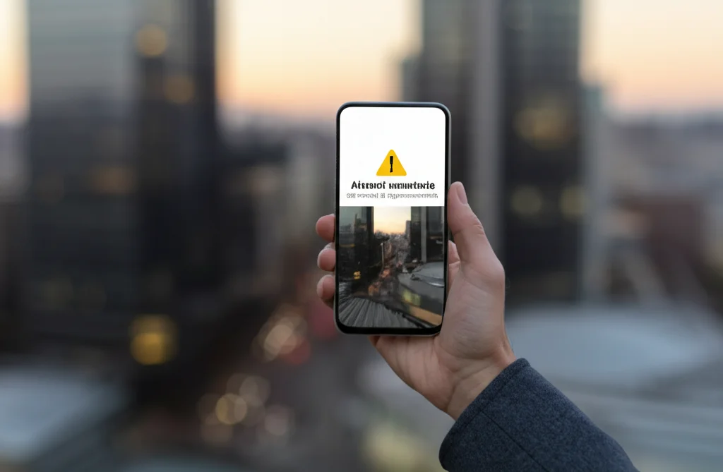 Mani che tengono uno smartphone, lo schermo mostra un'allerta sanitaria ufficiale da un account governativo sui social media, sfondo leggermente sfocato di una città moderna al crepuscolo, obiettivo prime 35mm, profondità di campo, illuminazione realistica e leggermente drammatica.