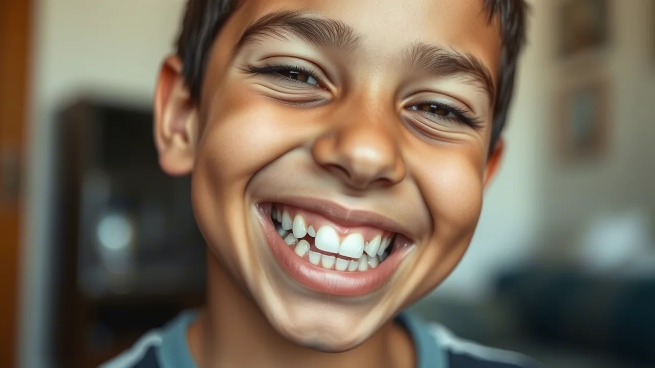 Ritratto empatico di un adolescente tunisino con sindrome di Down che sorride apertamente mostrando i denti, alcuni dei quali presentano microdonzia e leggero affollamento. Luce naturale laterale, obiettivo 50mm, profondità di campo ridotta, sfondo leggermente sfocato di un ambiente domestico.