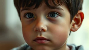 Ritratto fotografico in primo piano di un bambino (circa 10 anni) con espressione pensierosa ma serena, luce naturale laterale che crea profondità, sfondo leggermente sfocato, obiettivo 50mm, stile filmico leggero, che rappresenta la complessità e la potenzialità positiva dei bambini con ADHD.
