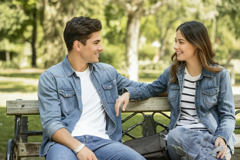Un genitore e un adolescente sorridono leggermente guardandosi, seduti all'aperto su una panchina in un parco durante una giornata di sole. Fotografia ritratto, obiettivo 50mm, profondità di campo ridotta per sfocare lo sfondo, colori naturali e vivaci, atmosfera di speranza, connessione e benessere nonostante le sfide.