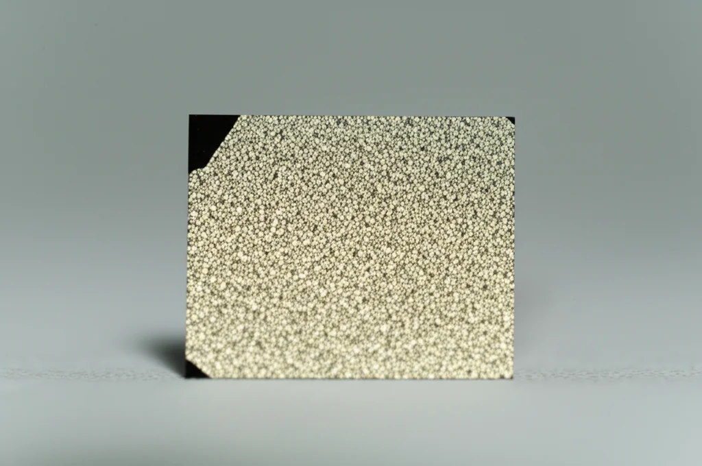 Fotografia macro di un cristallo di germanio ultrapuro (HPGe) scintillante, obiettivo macro 90mm, alta definizione, illuminazione controllata da laboratorio, che mostra la sua struttura cristallina interna, simbolo della caccia ai neutrini.