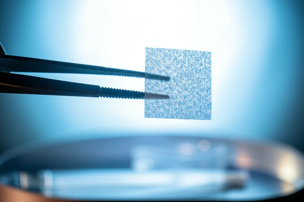 Primo piano estremo di un tampone per test di superficie (wipe test) tenuto con pinzette sotto una luce da laboratorio, che mostra minuscole particelle di polvere, obiettivo macro 100mm, messa a fuoco precisa, alta definizione, che simboleggia la sfida della contaminazione superficiale.