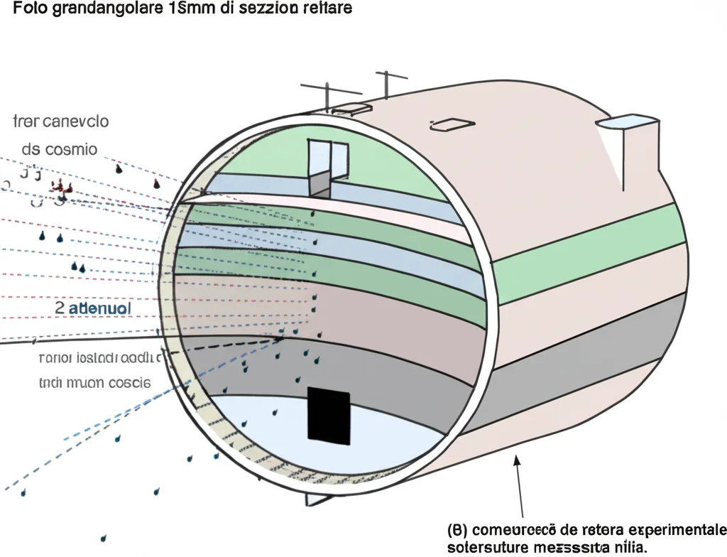 Foto grandangolare 15mm di una sezione trasversale schematica di un edificio di un reattore nucleare, che mostra strati di cemento e acciaio sopra una stanza sperimentale sotterranea, con linee tratteggiate che indicano il percorso dei muoni cosmici attenuati, lunga esposizione, messa a fuoco nitida.