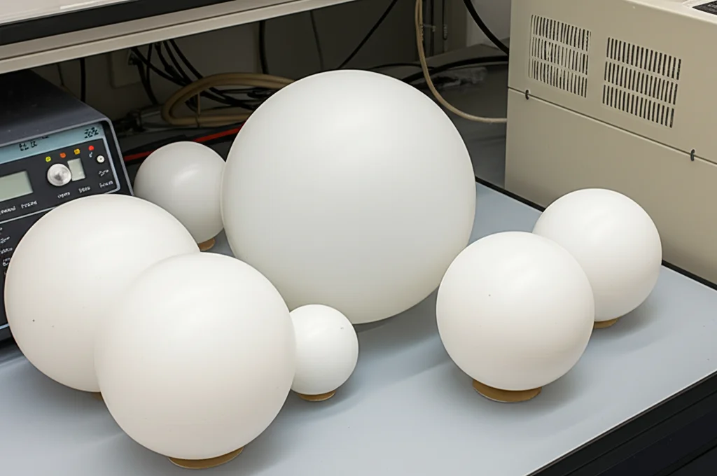 Fotografia still life di diverse sfere di polietilene (sfere di Bonner) di varie dimensioni disposte su un tavolo da laboratorio accanto a un contatore di neutroni SP9, obiettivo macro 70mm, alta definizione, illuminazione precisa, che mostra la texture del polietilene e i dettagli del contatore.