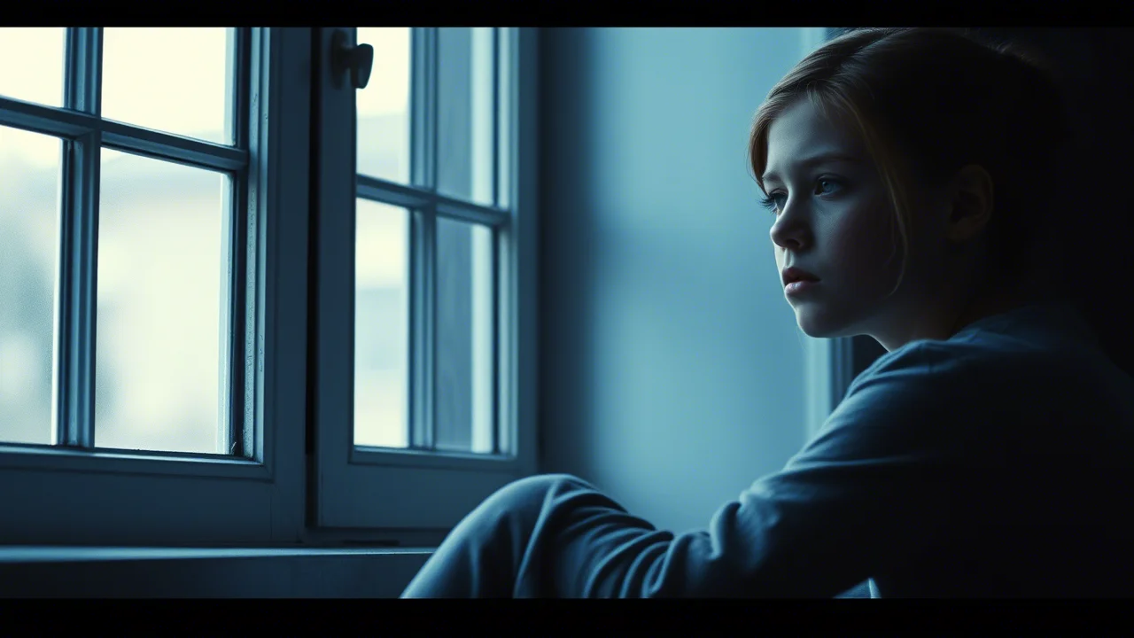 Ritratto di un'adolescente pensierosa, luce soffusa da una finestra, obiettivo da 35mm, profondità di campo che sfoca lo sfondo, toni duo blu e grigio per trasmettere preoccupazione e vulnerabilità.