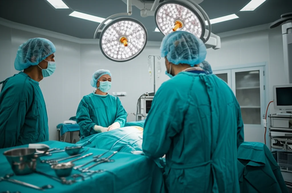 Sala operatoria high-tech, team chirurgico concentrato durante una trombectomia polmonare, luci chirurgiche intense, dettagli nitidi degli strumenti, obiettivo zoom 24-70mm, focus sull'azione centrale.