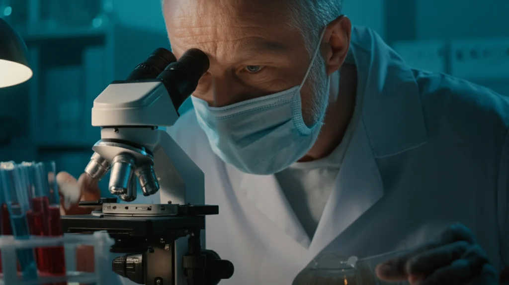 Laboratorio di ricerca medica, scienziato che osserva campioni di sangue al microscopio, illuminazione controllata, dettagli elevati delle provette e del microscopio, obiettivo macro 60mm, focus preciso.