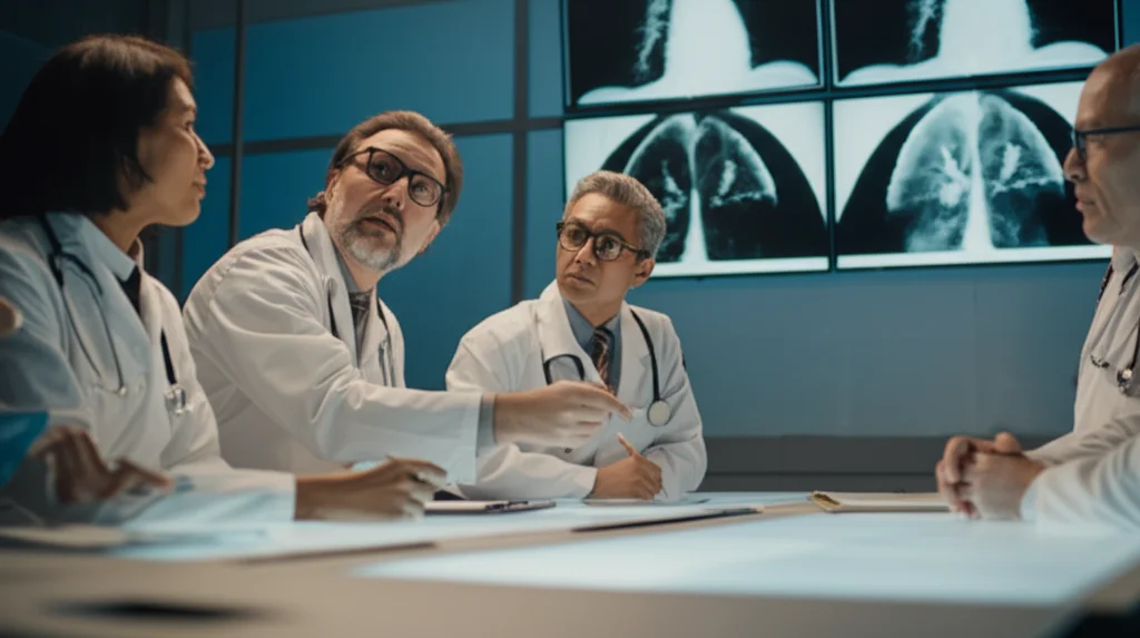 Fotografia realistica di un team medico multidisciplinare (chirurgo, oncologo, radiologo, pneumologo) riunito attorno a un tavolo luminoso in una sala conferenze moderna. Stanno discutendo animatamente, indicando immagini di scansioni polmonari su grandi schermi ad alta definizione. Obiettivo prime 35mm, profondità di campo ridotta per focalizzare sui volti concentrati, illuminazione controllata dall'alto.