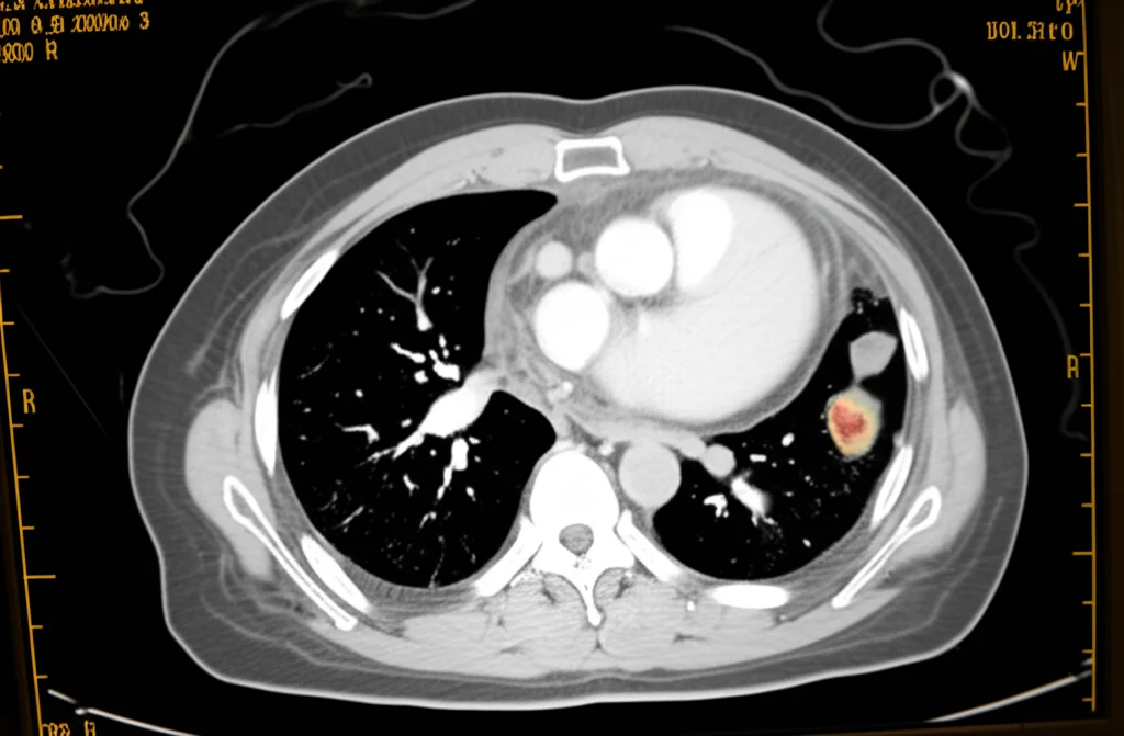 Immagine macro ad alta definizione di una scansione TC polmonare visualizzata su uno schermo medicale avanzato in una sala radiologica con illuminazione controllata. Si nota un nodulo sospetto evidenziato nel lobo superiore destro. Messa a fuoco precisa sul nodulo, alta risoluzione dei dettagli anatomici. Obiettivo macro 100mm.