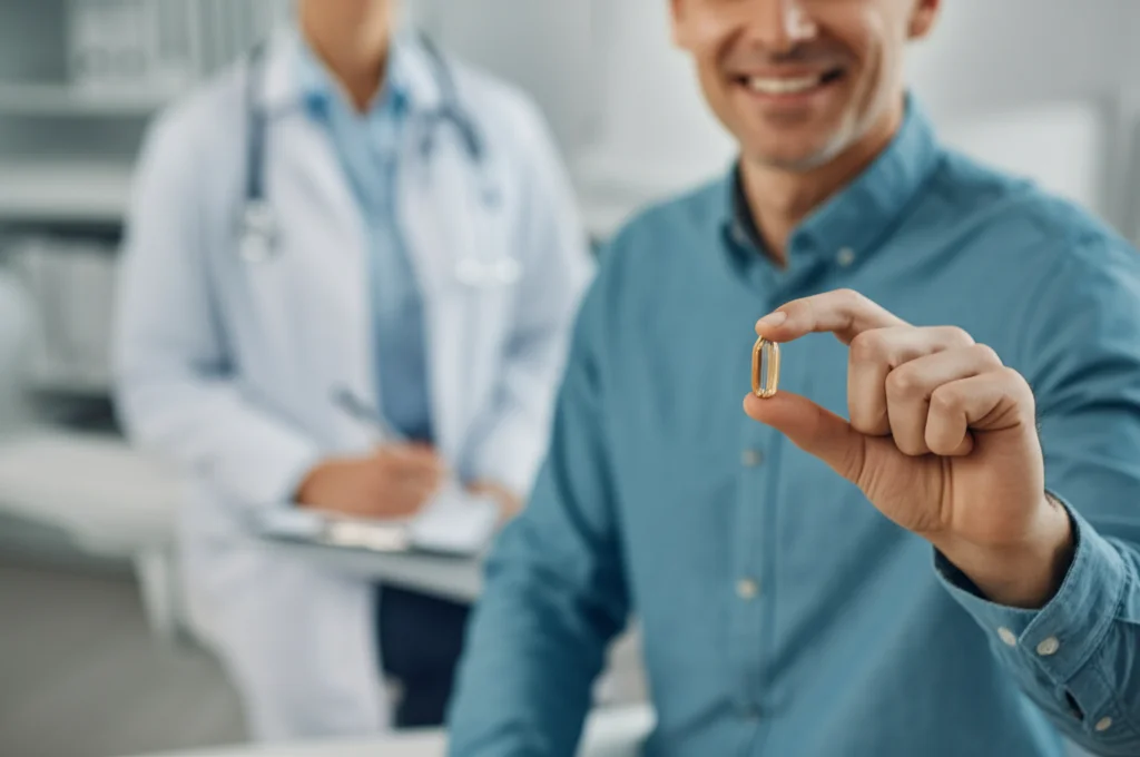 Ritratto di un paziente sorridente che tiene in mano una capsula di Vitamina D, con un medico sullo sfondo in un ambiente clinico luminoso. Obiettivo 35mm, profondità di campo che sfoca leggermente lo sfondo, toni caldi e positivi.