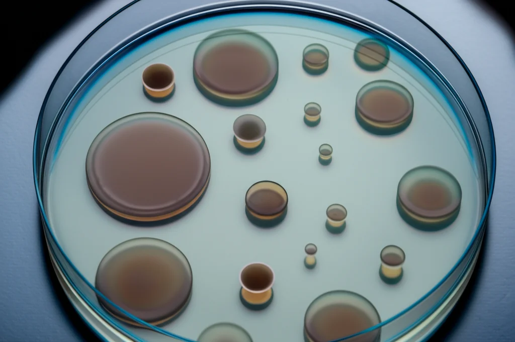 Fotografia still life di vari dischi antibiotici su una piastra di agar Muller Hinton inoculata con batteri, che mostra zone di inibizione di diverse dimensioni. Obiettivo macro 60mm, illuminazione dall'alto per evidenziare le zone, messa a fuoco precisa sui dischi.