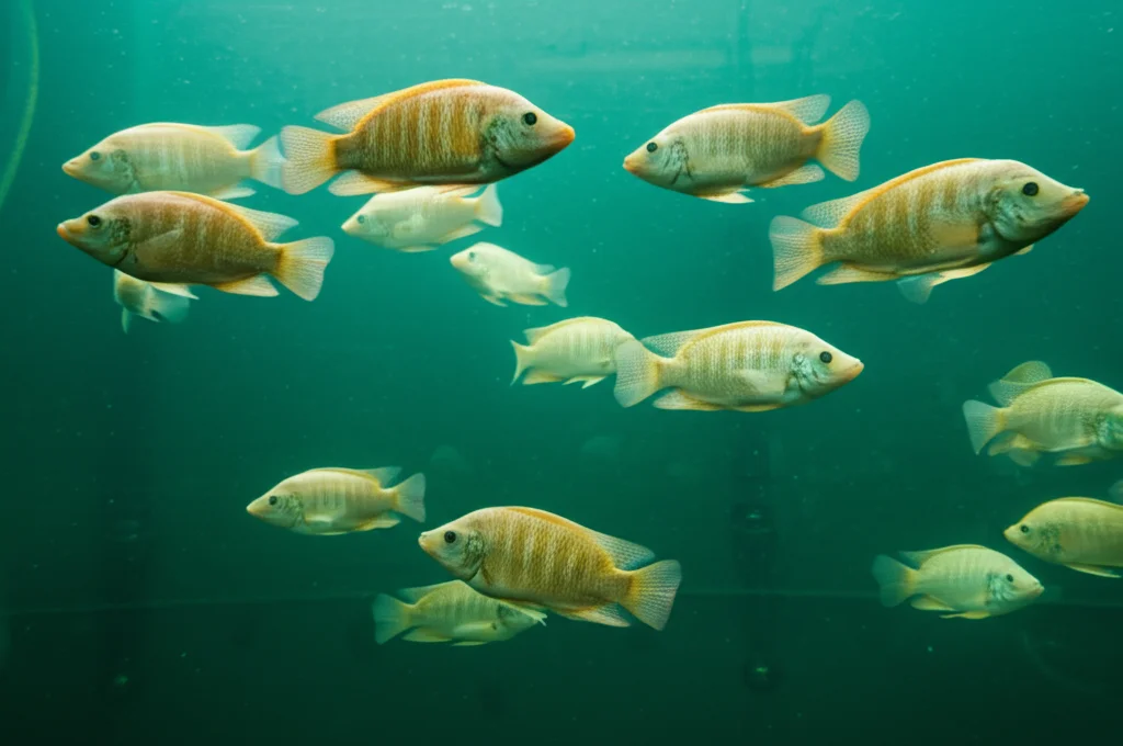 Fotografia subacquea di un banco di tilapia del Nilo sane e attive che nuotano vigorosamente in un grande acquario di ricerca ben tenuto. Obiettivo 35mm, luce naturale diffusa dall'alto, messa a fuoco sull'azione dei pesci.