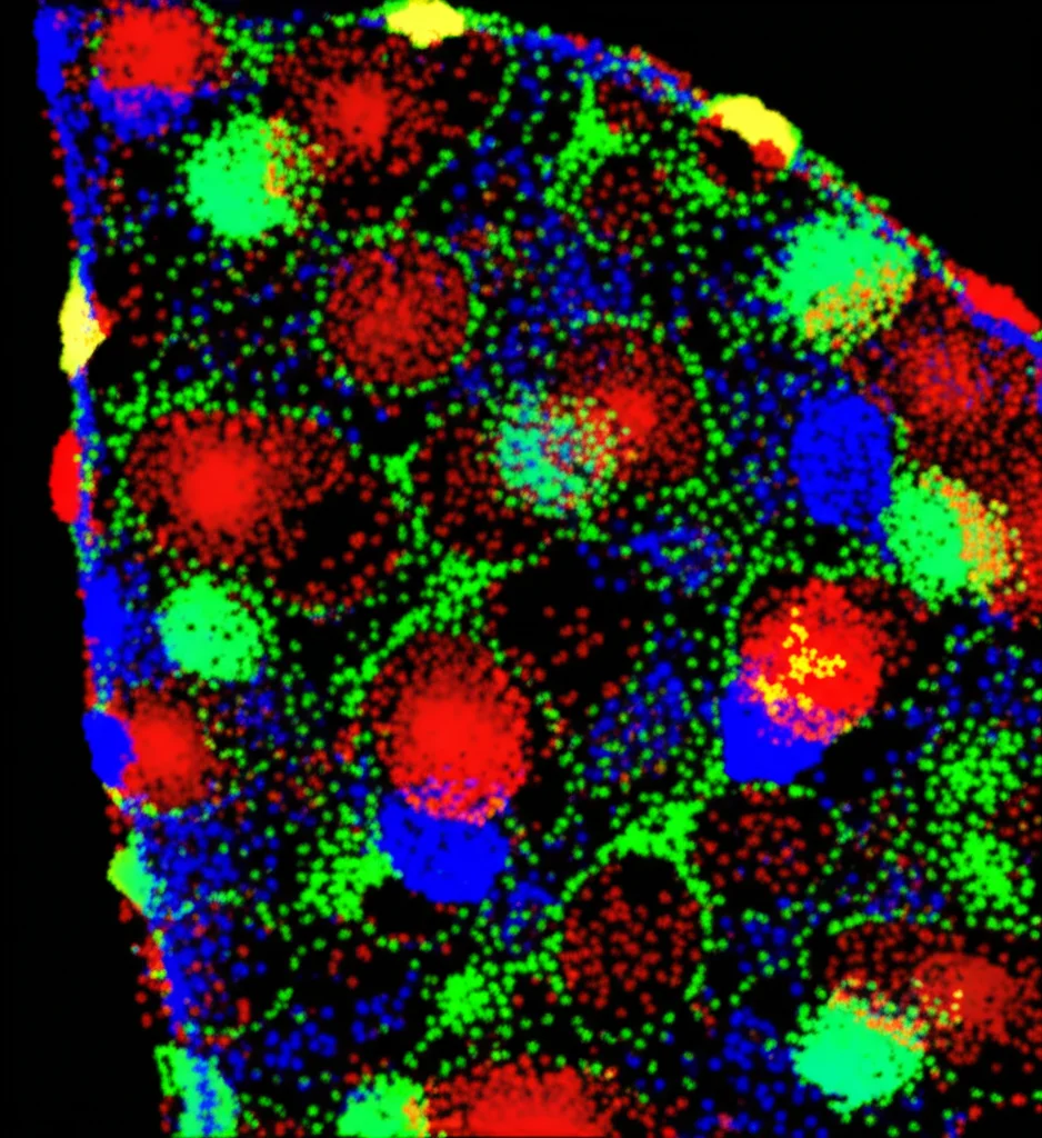 Visualizzazione astratta di dati single-cell RNA sequencing dal mesencefalo umano, evidenziando cluster cellulari colorati su uno sfondo scuro. Obiettivo macro 100mm, alta definizione, illuminazione controllata per enfatizzare i dettagli dei dati, stile grafico scientifico.