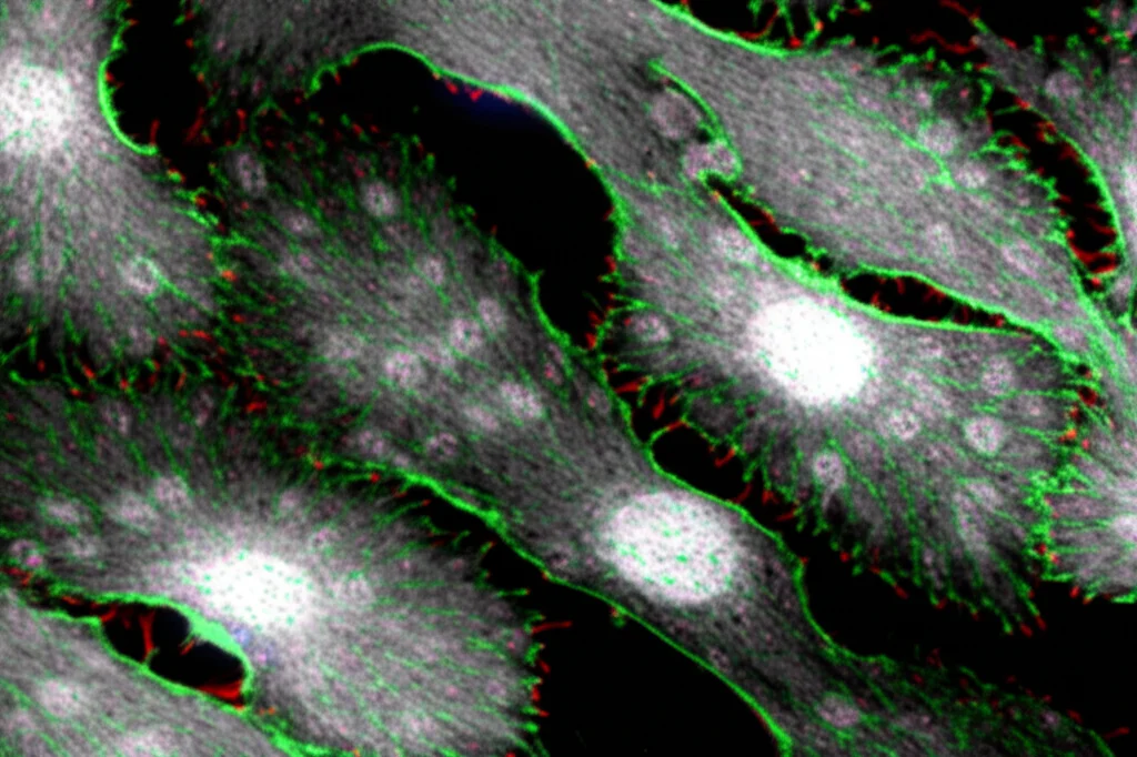 Microfotografia ad alta risoluzione di microglia attivata (cellule immunitarie del cervello) nel tessuto cerebrale, che mostra corpi cellulari ingranditi e ramificazioni ridotte, alcune evidenziate con fluorescenza. Obiettivo macro 105mm, messa a fuoco precisa, illuminazione da microscopia confocale simulata, dettagli cellulari nitidi.