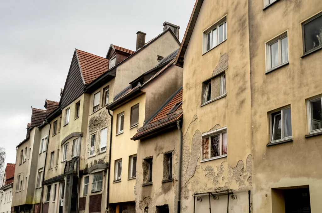 Fotografia realistica di diverse case europee viste dall'esterno in una giornata nuvolosa, alcune moderne ed efficienti, altre più vecchie con segni visibili di degrado (intonaco scrostato, finestre datate), a simboleggiare le diverse condizioni abitative e la povertà energetica. Obiettivo prime 35mm, profondità di campo ridotta per focalizzare su dettagli specifici, illuminazione naturale controllata.