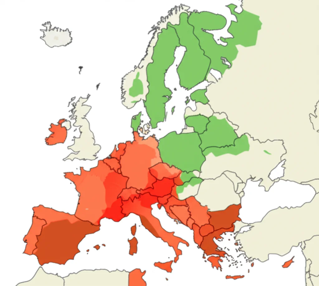 Mappa stilizzata dell'Europa con diverse aree colorate (verde per bassa povertà energetica, marrone/rosso per alta povertà), evidenziando la divisione Nord-Sud e centro-periferia discussa nell'articolo. Grafica informativa, alta definizione, colori contrastanti per chiarezza.