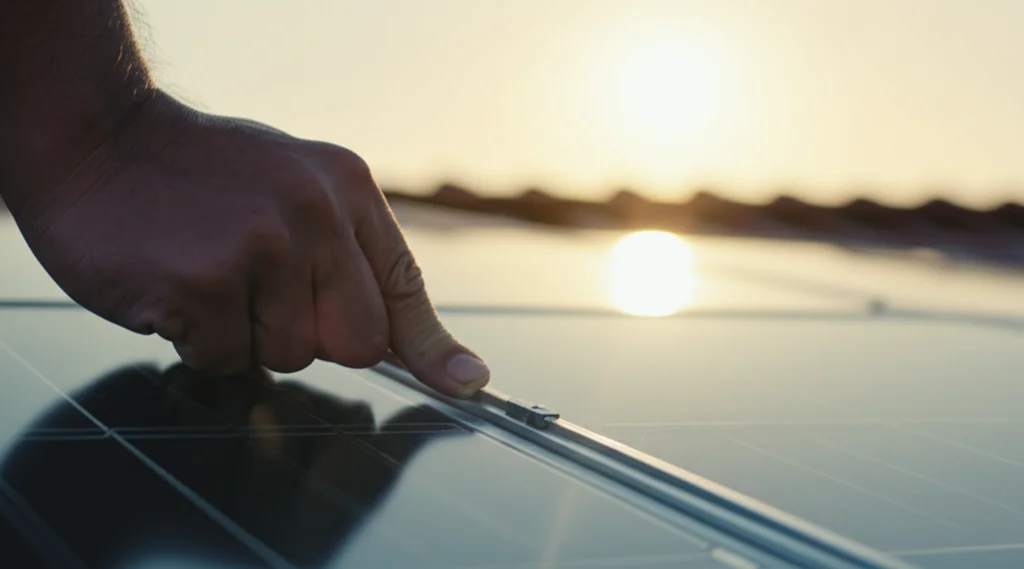 Primo piano macro (obiettivo 100mm) di una mano che installa un pannello solare su un tetto, con il sole che splende sullo sfondo. Alta definizione, messa a fuoco precisa sul pannello e sulla mano, luce calda e ottimista a simboleggiare le soluzioni energetiche rinnovabili e la speranza per il futuro. Collegamento visivo agli SDG e alle azioni politiche.