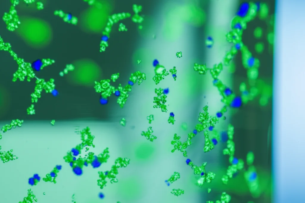 Macro fotografia, obiettivo 80mm, di nanoparticelle luminescenti (verde/bluastro) sospese in un liquido trasparente all'interno di un becher da laboratorio. Messa a fuoco precisa sulla struttura fine delle nanoparticelle, illuminazione controllata da laboratorio, alto dettaglio che suggerisce la struttura degli aggregati J, sfondo sfocato.