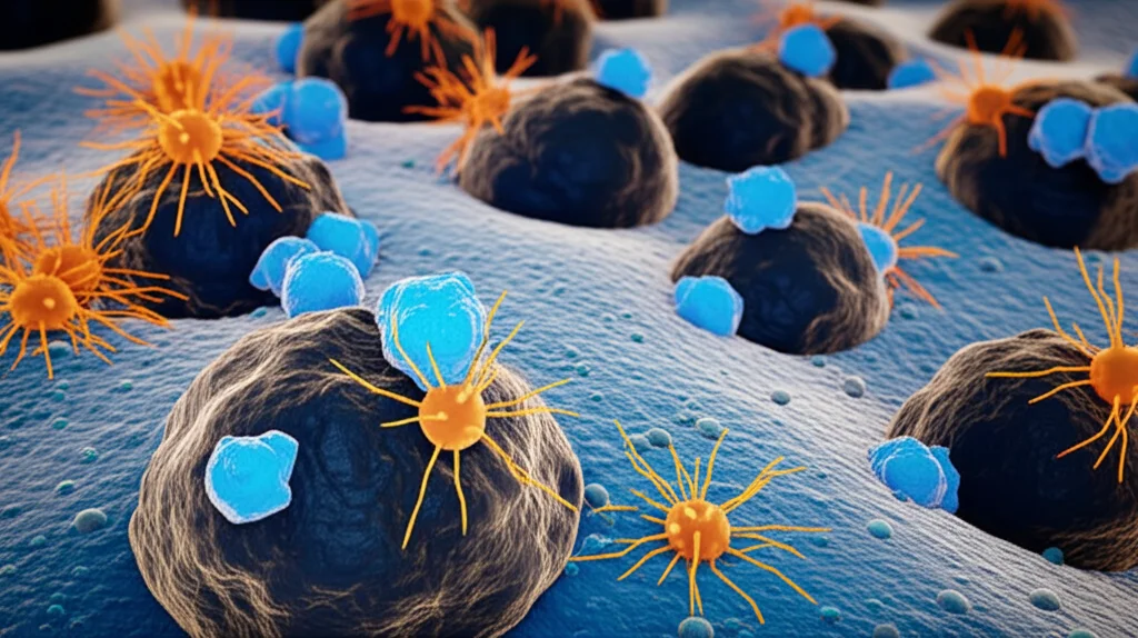 Paesaggio grandangolare, obiettivo 20mm, raffigurante cellule immunitarie stilizzate (linfociti T killer blu brillante, cellule dendritiche arancioni) che attaccano attivamente cellule tumorali astratte (masse grigio scuro) all'interno di un microambiente. Messa a fuoco nitida, colori vibranti ma realistici, che rappresentano l'attivazione immunitaria a livello cellulare.