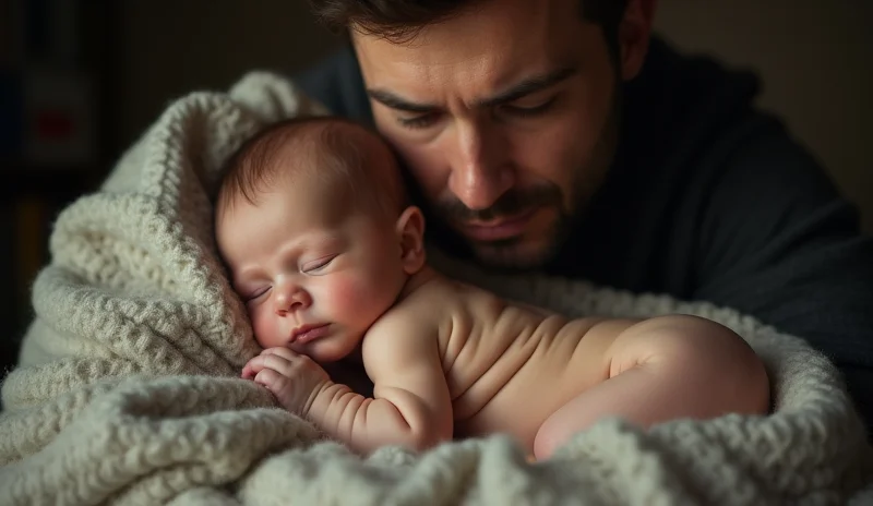 Fotografia stile ritratto, obiettivo 35mm, di un neonato di pochi mesi sdraiato su una coperta morbida, con un genitore preoccupato che osserva delicatamente la forma della sua testa. Luce naturale soffusa, profondità di campo che mette a fuoco il bambino e il genitore, sfondo leggermente sfocato. Toni caldi e rassicuranti.