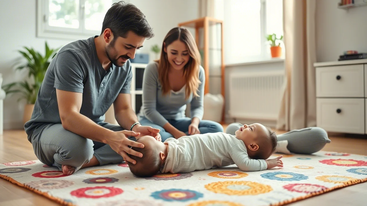Scena ripresa con obiettivo da 50mm in un ambiente domestico luminoso. Un fisioterapista pediatrico mostra con calma a una coppia di genitori attenti come posizionare correttamente il loro neonato per il 'tummy time' su un tappetino colorato. Focus sull'interazione e l'apprendimento, luce naturale, colori vivaci ma non invadenti.