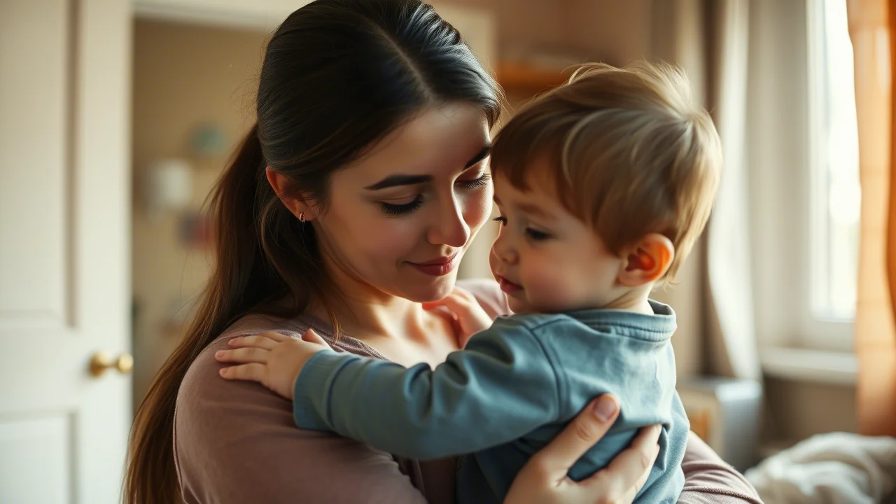 Fotografia di ritratto, primo piano, di una giovane madre che tiene in braccio con tenerezza il suo bambino piccolo (1-2 anni) in un ambiente domestico modesto ma accogliente. Luce naturale dalla finestra. Obiettivo 35mm, profondità di campo ridotta per sfocare lo sfondo, toni caldi e leggermente desaturati per un'atmosfera intima e protettiva.