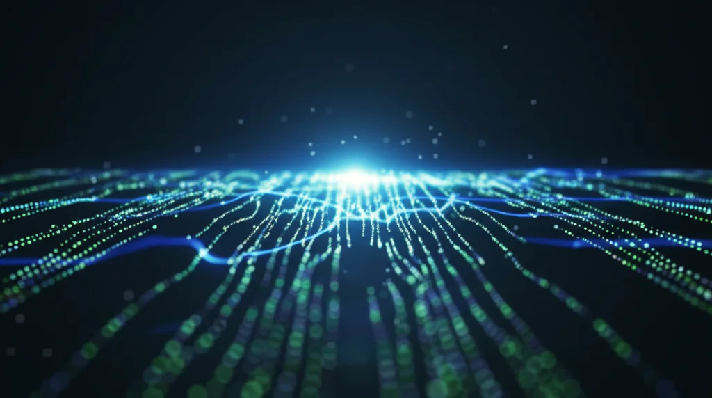 Visualizzazione astratta di flussi di dati di social network dinamici, rappresentati come linee luminose blu e verdi che convergono verso un nodo centrale incandescente simboleggiante l'analisi AI. Effetto profondità di campo, alto dettaglio, immagine concettuale tecnologica, obiettivo primario 50mm.