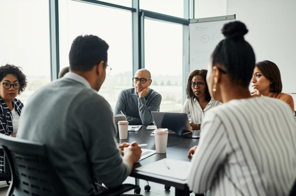 Un gruppo diversificato di insegnanti discute animatamente durante un workshop di formazione in un'aula moderna; obiettivo prime 35mm, luce naturale diffusa, profondità di campo che mette a fuoco i volti impegnati nella conversazione.