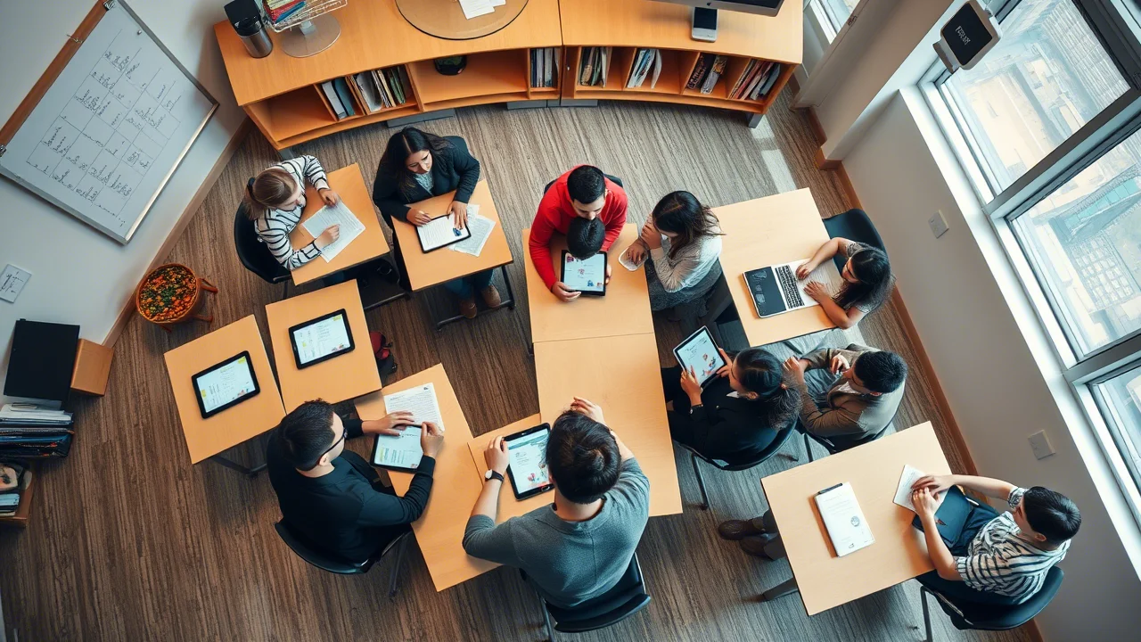 Un'aula scolastica vista dall'alto durante una lezione interattiva; studenti adolescenti lavorano in piccoli gruppi attorno a tablet e materiali cartacei; obiettivo grandangolare 20mm, messa a fuoco nitida su tutta la scena, luce ambientale brillante.
