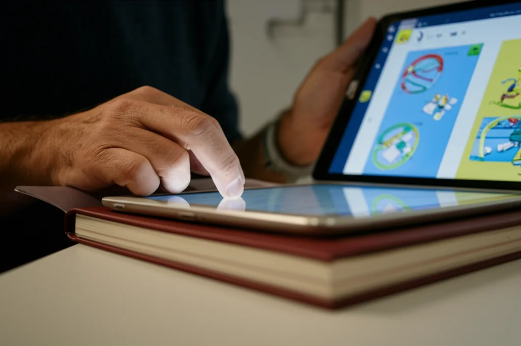Dettaglio di mani di un insegnante che sfogliano un manuale EBI accanto a un tablet aperto su un'applicazione didattica; macro lens 100mm, alta definizione, illuminazione controllata per evidenziare la contrapposizione tra vecchio e nuovo.