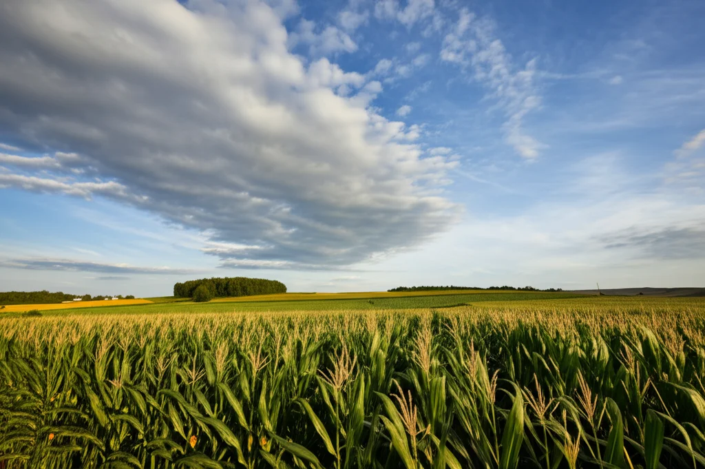 Ampio paesaggio agricolo con campi di mais rigogliosi che si estendono verso l'orizzonte sotto un cielo parzialmente nuvoloso, obiettivo grandangolare 15mm, luce del tardo pomeriggio, che simboleggia le vaste aree agricole studiate e le diverse condizioni climatiche.