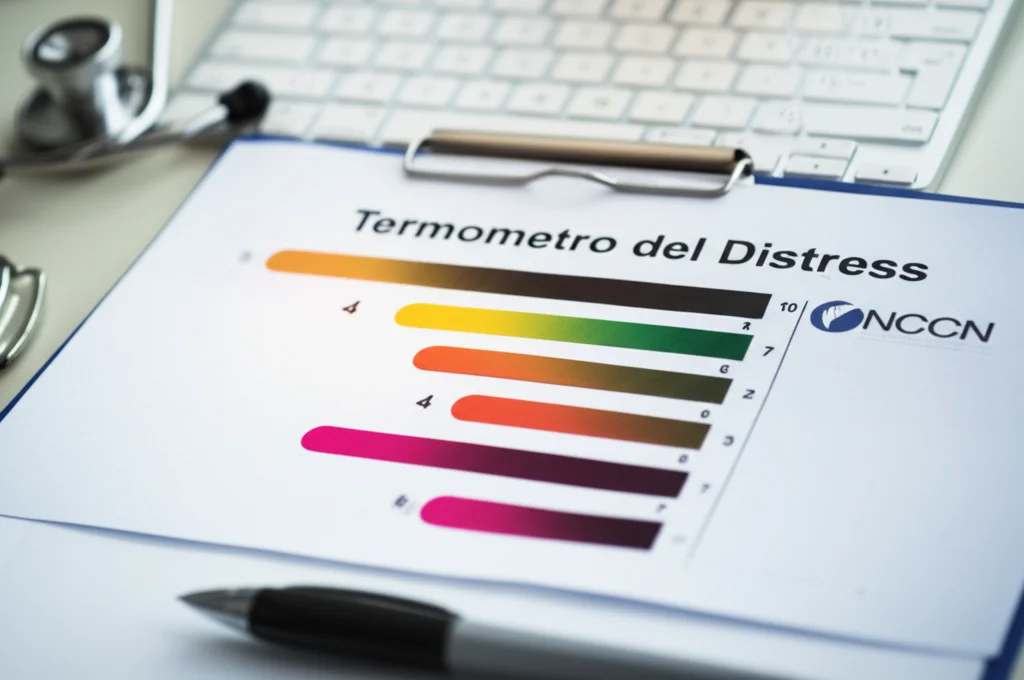 Primo piano di un 'Termometro del Distress' NCCN cartaceo appoggiato su una scrivania medica, luce soffusa da studio, obiettivo macro 85mm, alta definizione, focus preciso sul numero 4 della scala.